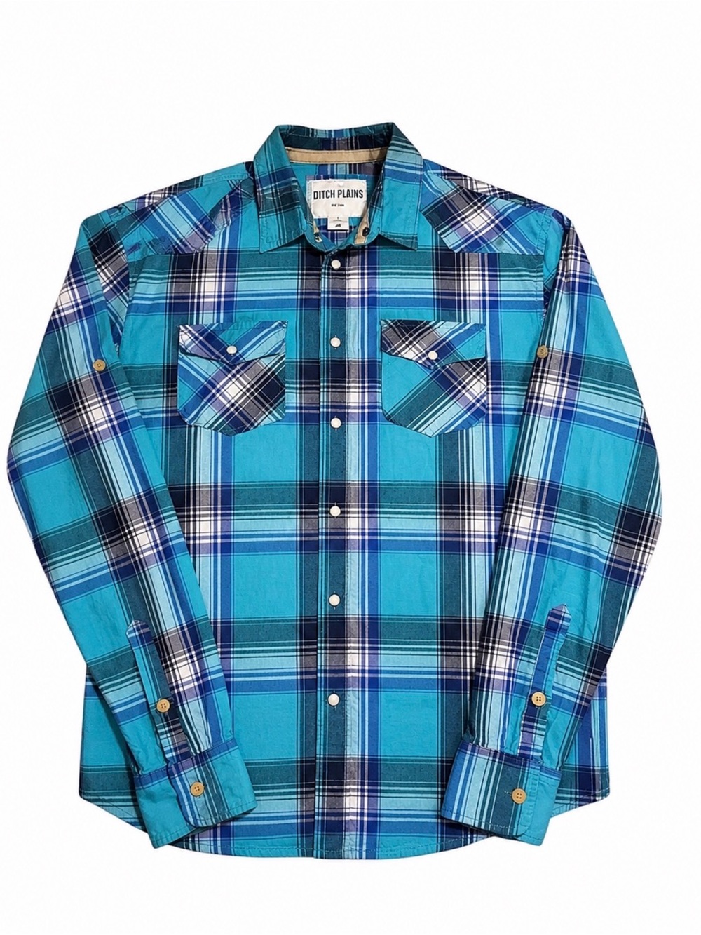 Ditch Plains Womens XL Plaid Cotton Shirt Blue Western Workwear Button